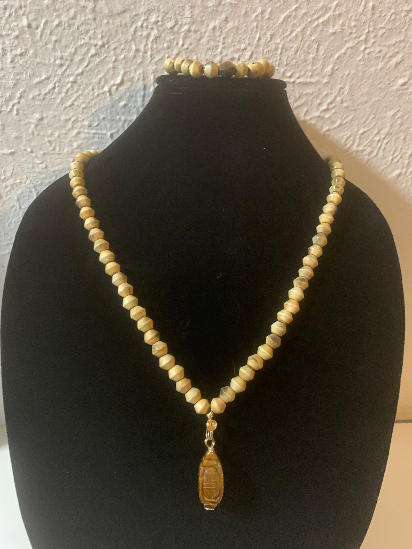 Wood Bead Necklace w/ Tiger Eye Pendant