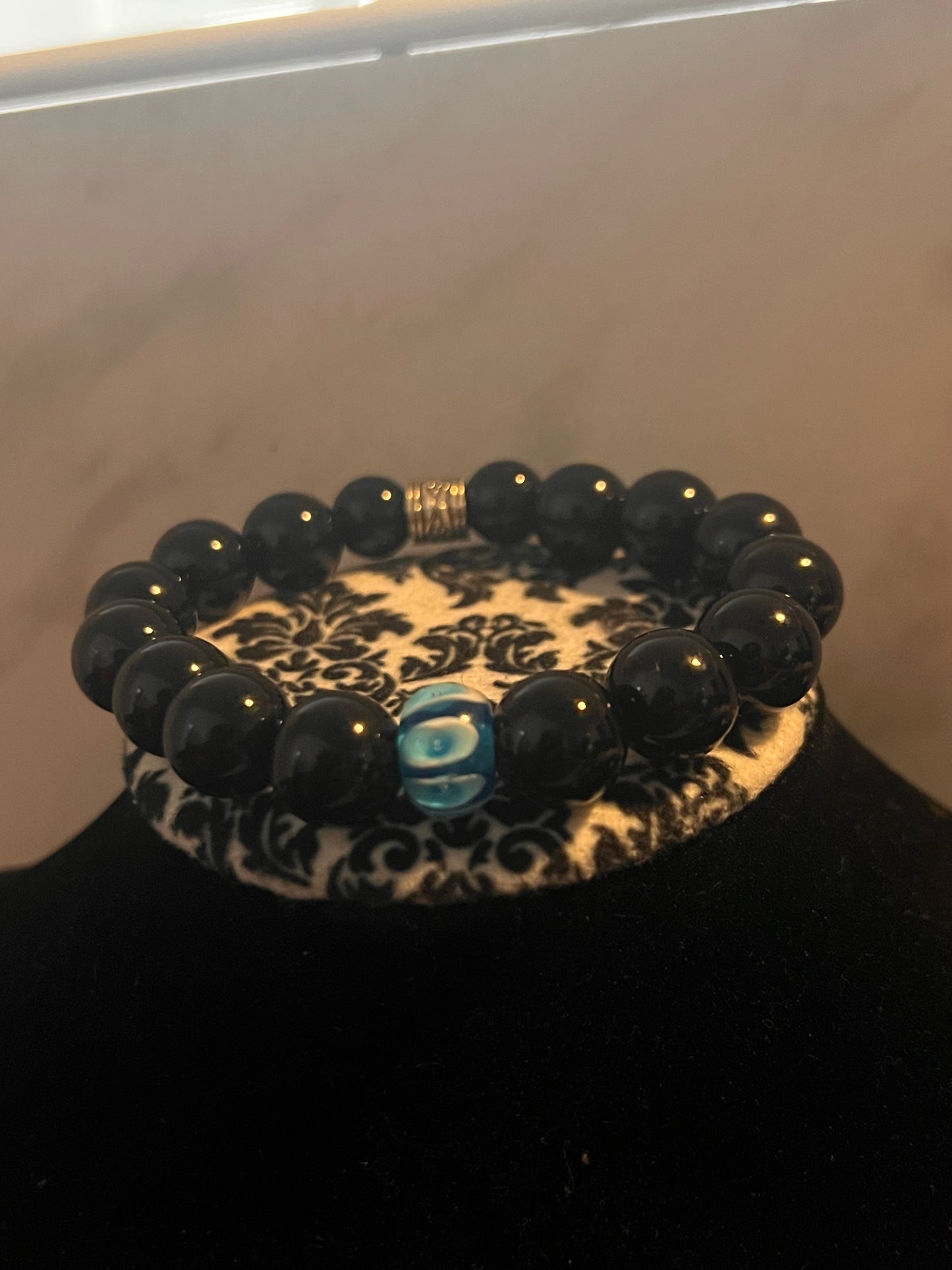 Blue Glass & Black Bracelet